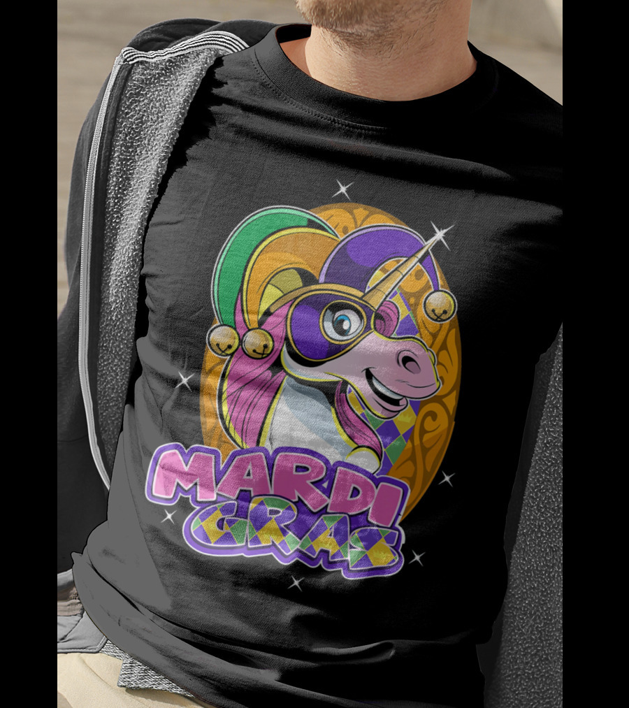 Mardi Gras Unicorn With Jester Hat And Masquerade Mask T-Shirt