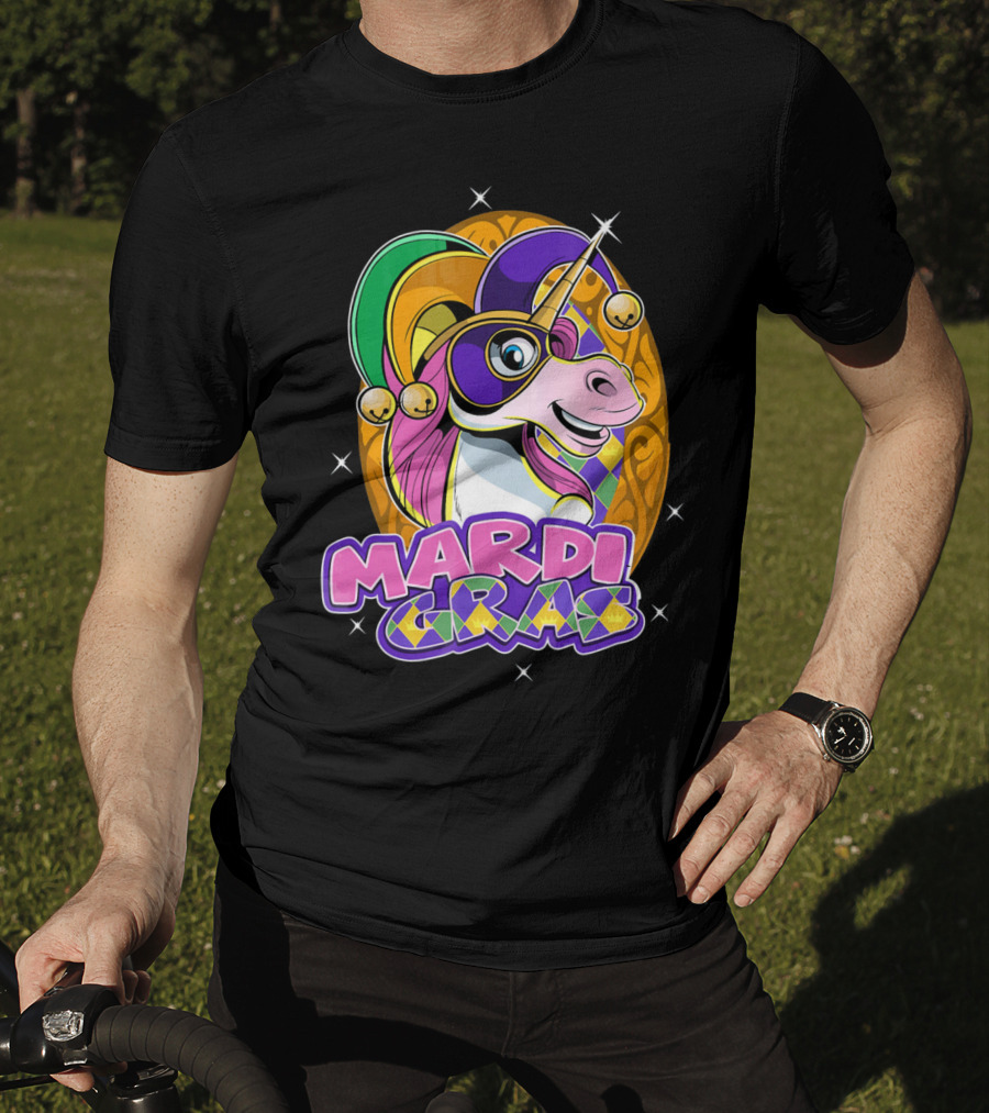 Mardi Gras Unicorn With Jester Hat And Masquerade Mask T-Shirt