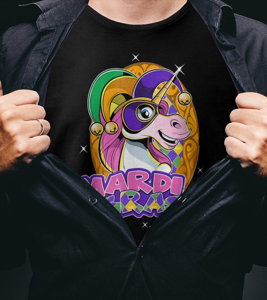 Mardi Gras Unicorn With Jester Hat And Masquerade Mask T-Shirt