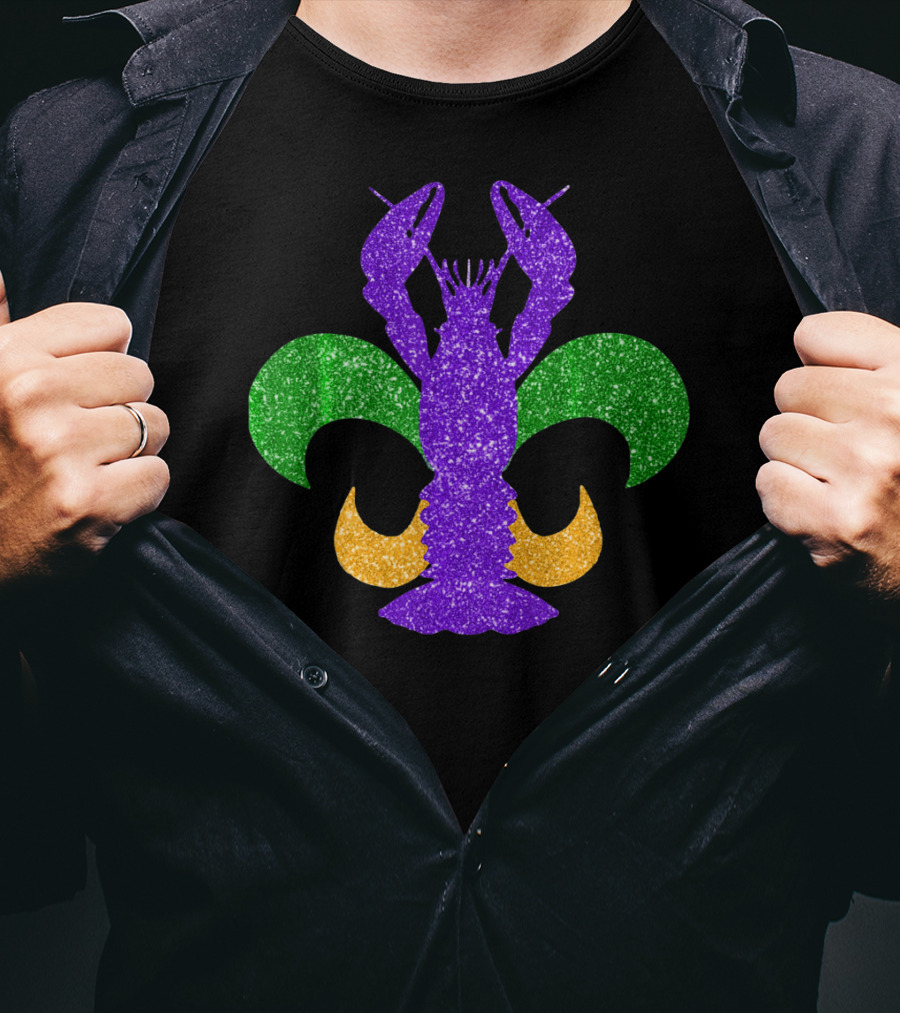 Awesome Mardi Gras Fleur De Lis Crawfish Glitter T-Shirt