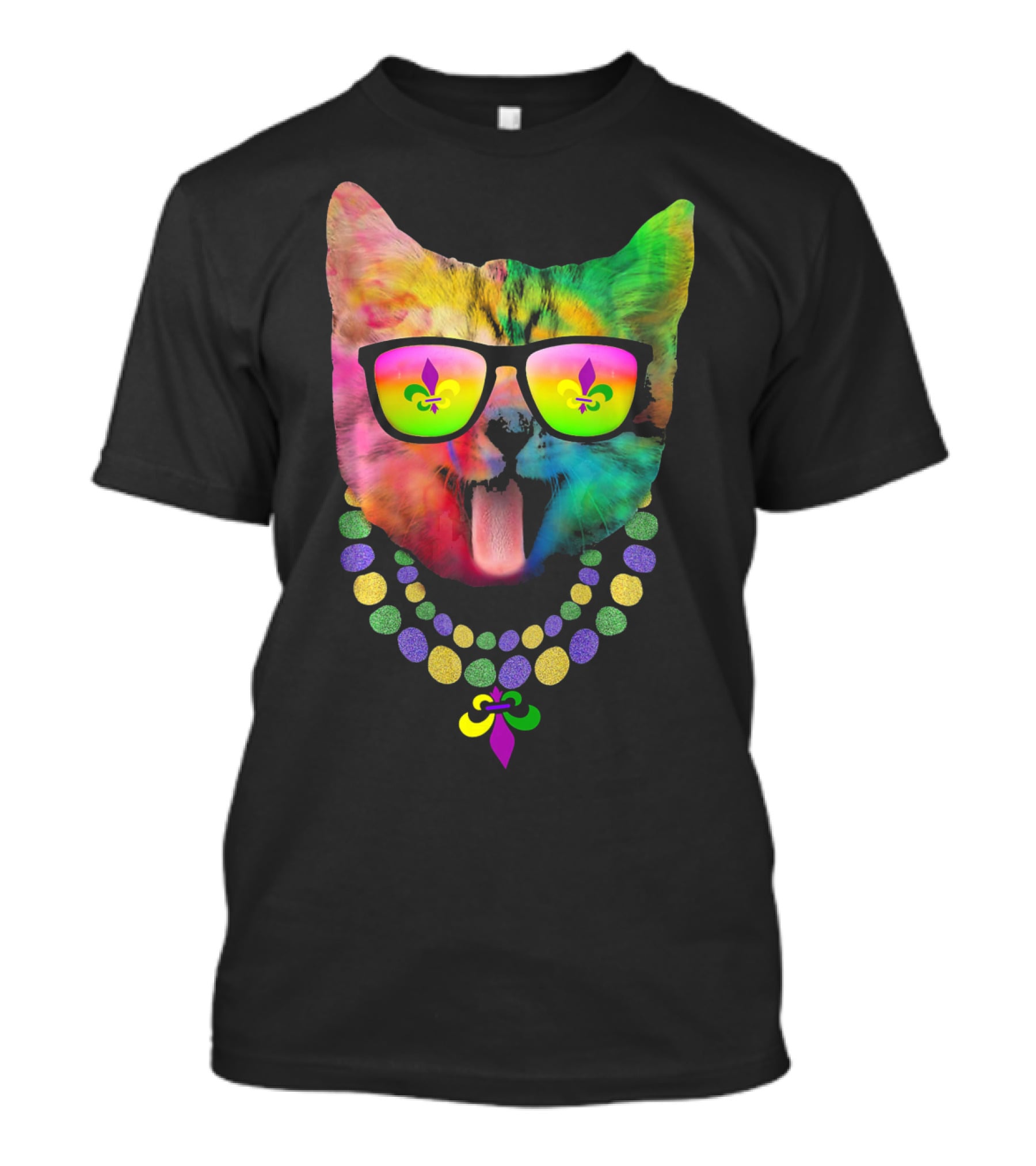 Cool Cat Mardi Gras Costume With Colorful Beads And Sunglasses Fleur-de-Lis T-Shirt