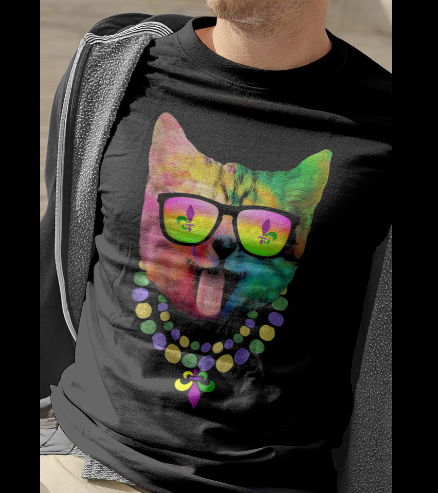 Cool Cat Mardi Gras Costume With Colorful Beads And Sunglasses Fleur-de-Lis T-Shirt