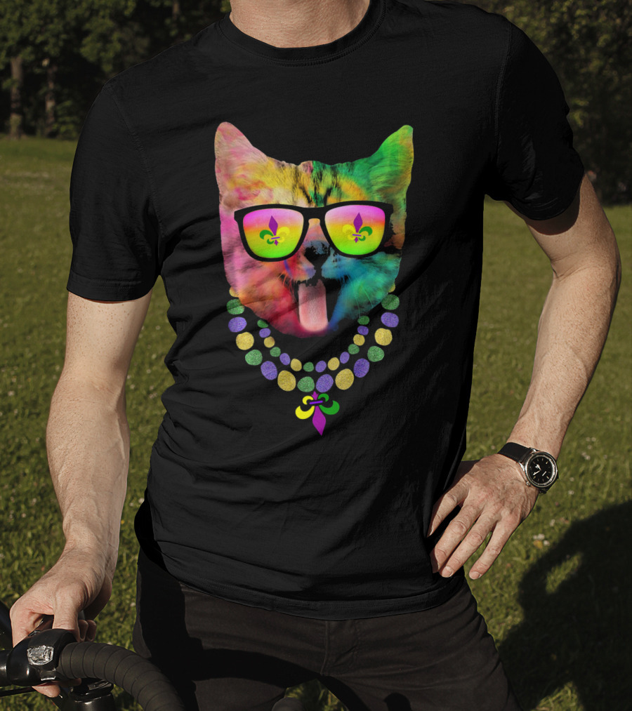 Cool Cat Mardi Gras Costume With Colorful Beads And Sunglasses Fleur-de-Lis T-Shirt