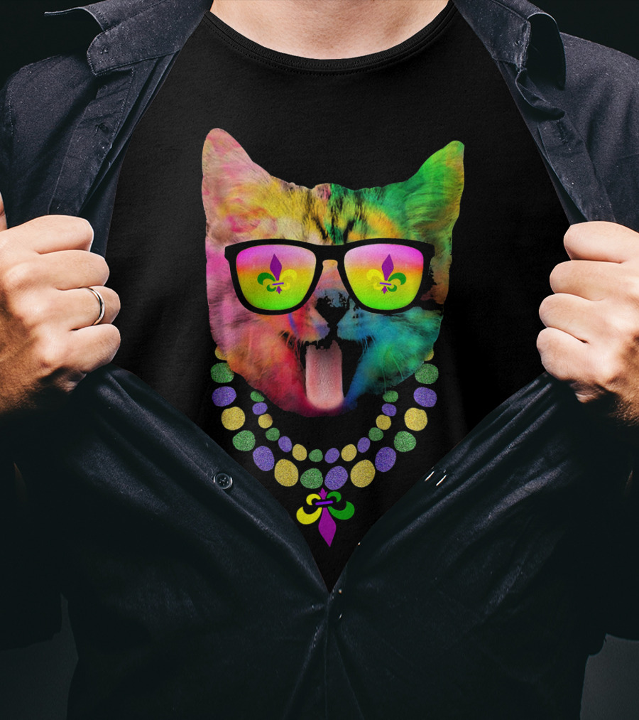 Cool Cat Mardi Gras Costume With Colorful Beads And Sunglasses Fleur-de-Lis T-Shirt