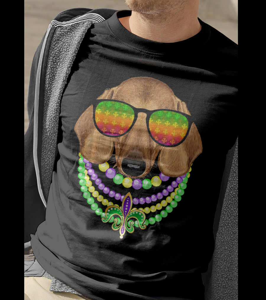 Mardi Gras Dachshund Beads Fleur-de-Lis Sunglasses T-Shirt