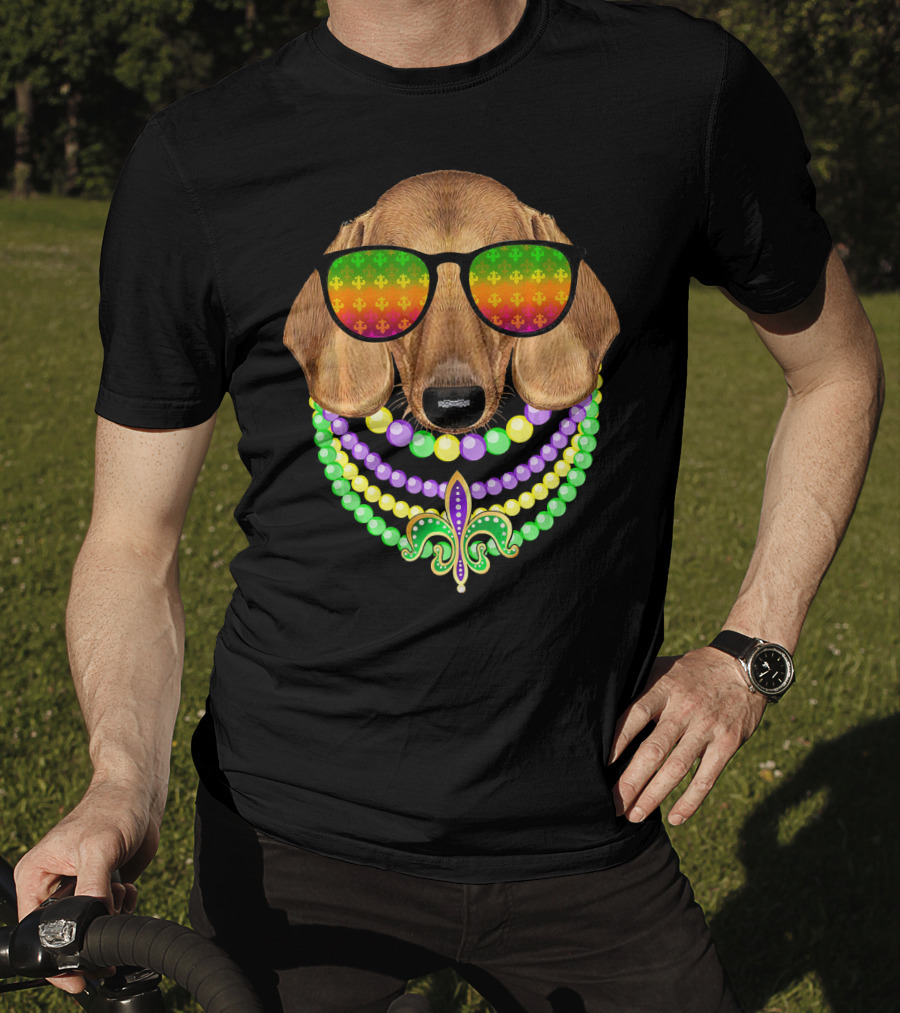 Mardi Gras Dachshund Beads Fleur-de-Lis Sunglasses T-Shirt