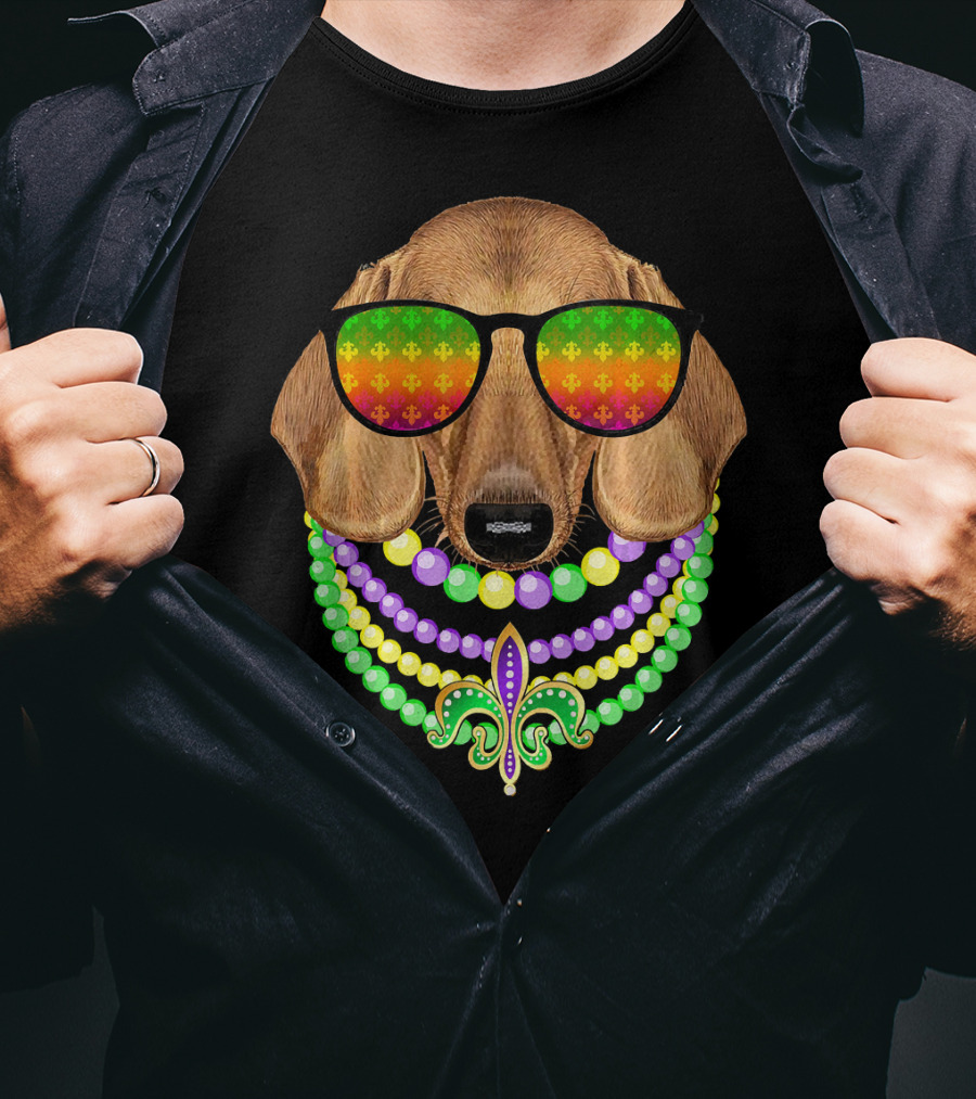 Mardi Gras Dachshund Beads Fleur-de-Lis Sunglasses T-Shirt
