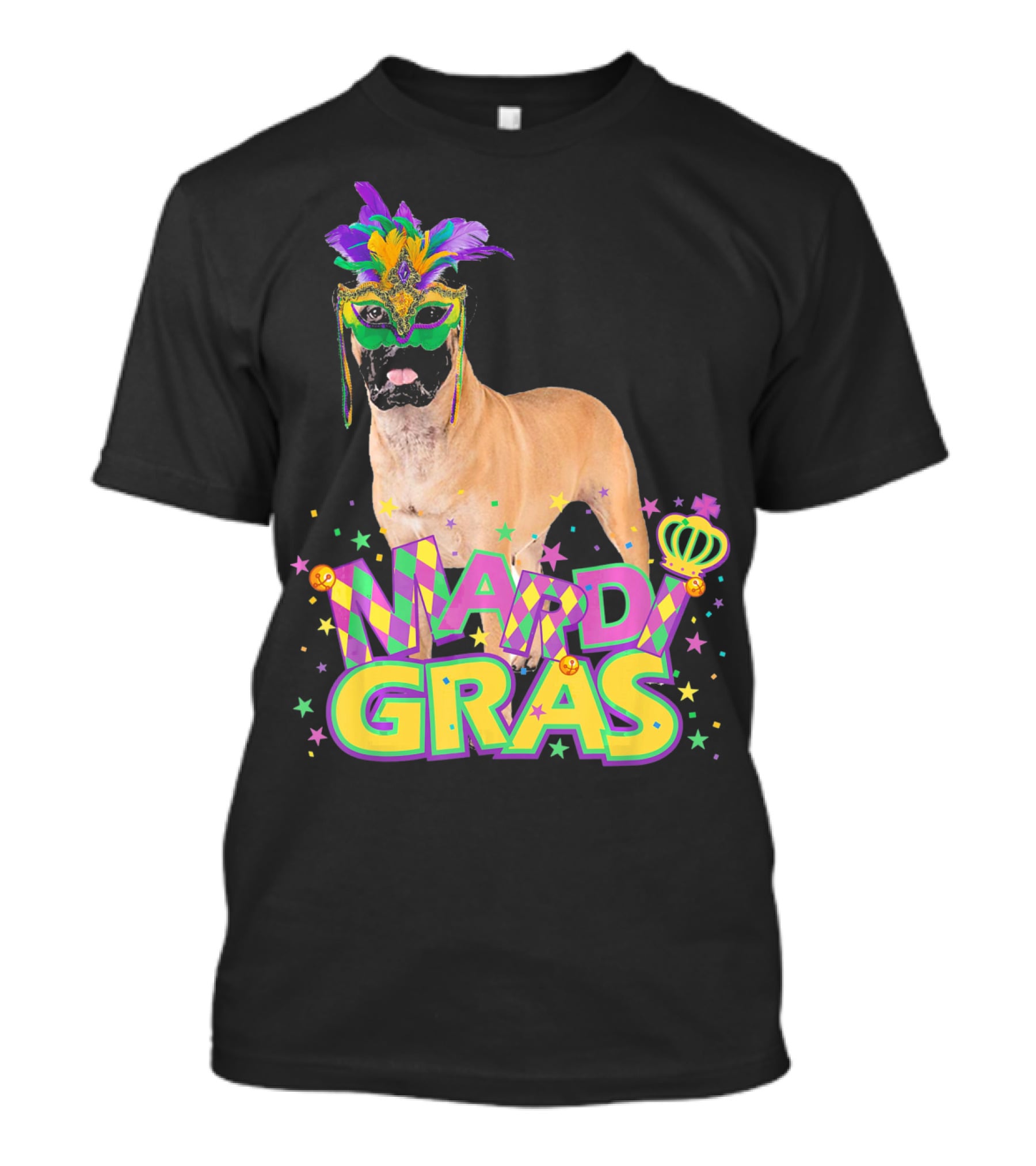 Mardi Gras Bullmastiff Mask Feathers Stars T-Shirt