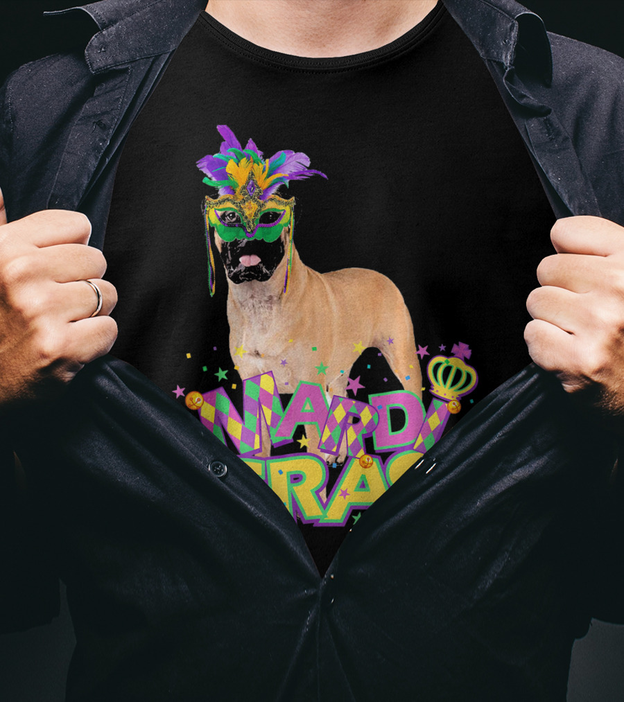 Mardi Gras Bullmastiff Mask Feathers Stars T-Shirt