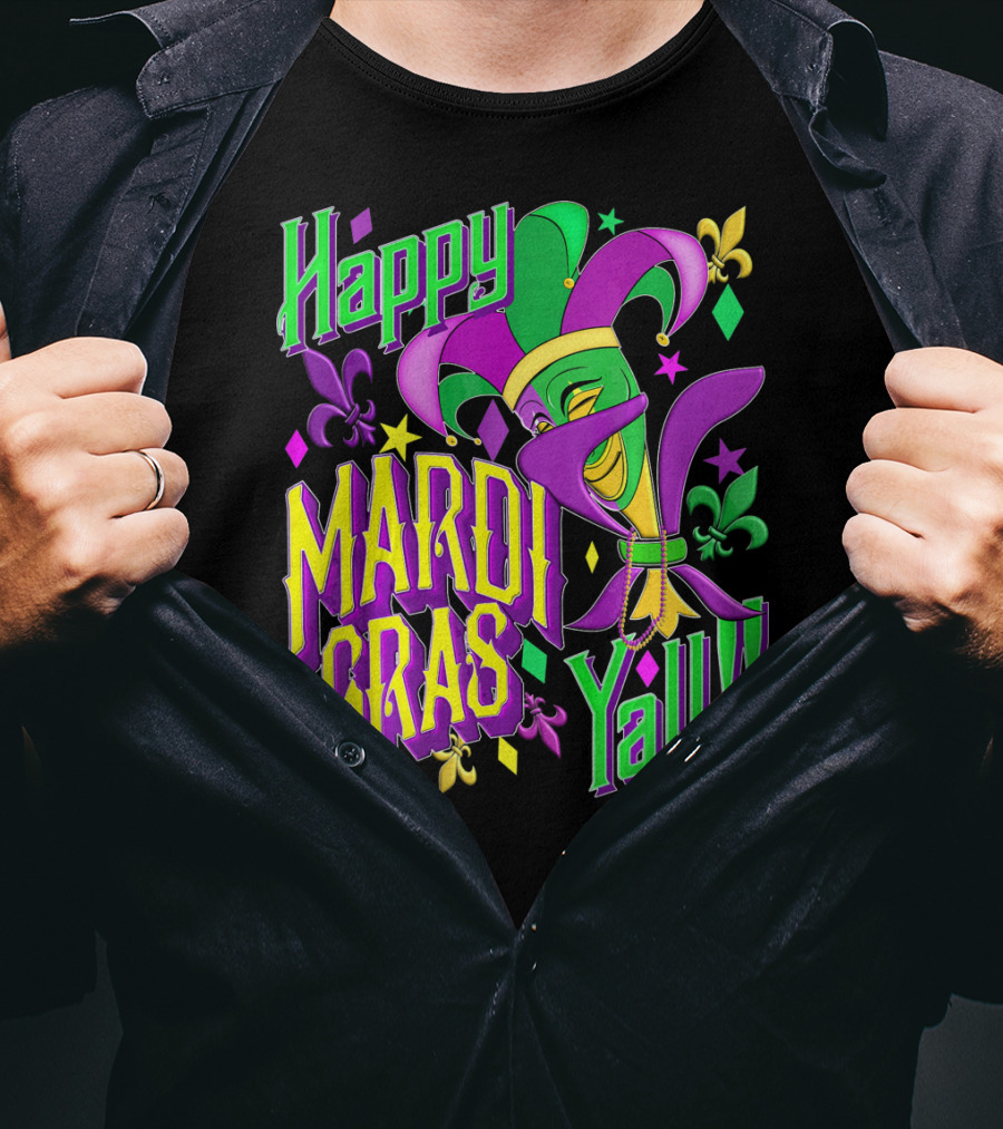 Happy Mardi Gras Yall Jester Mask Fleur De Lis T-Shirt