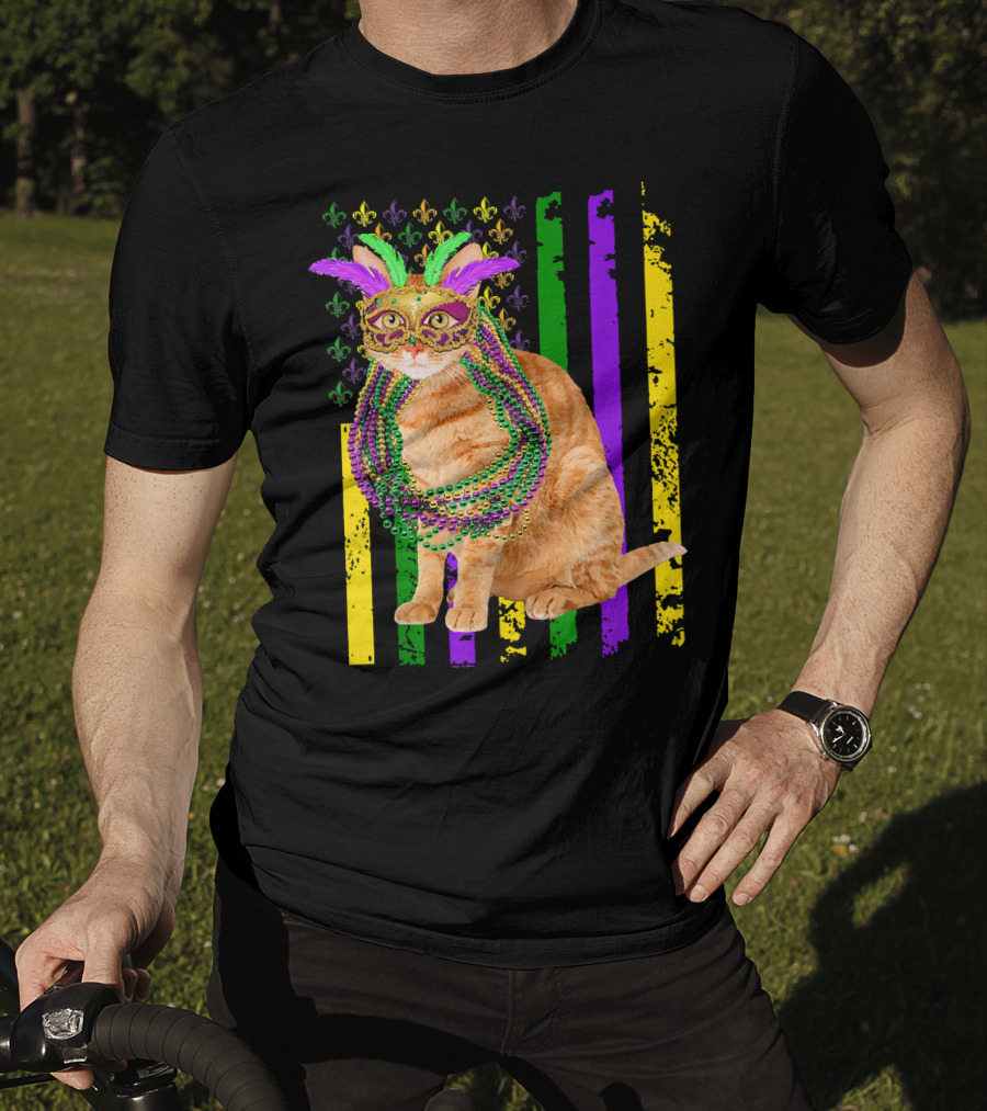 Mardi Gras Cat With Beads And Mask On Fleur-de-Lis American Flag Background T-Shirt