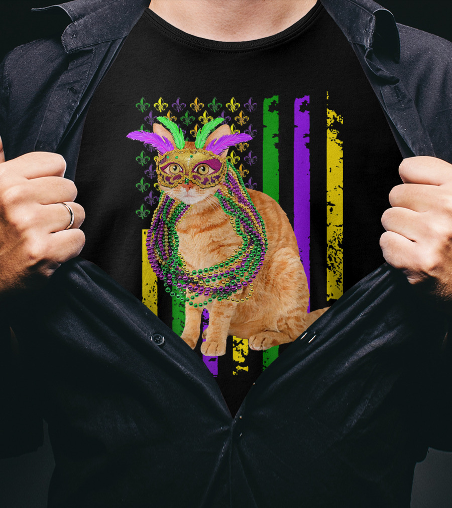 Mardi Gras Cat With Beads And Mask On Fleur-de-Lis American Flag Background T-Shirt