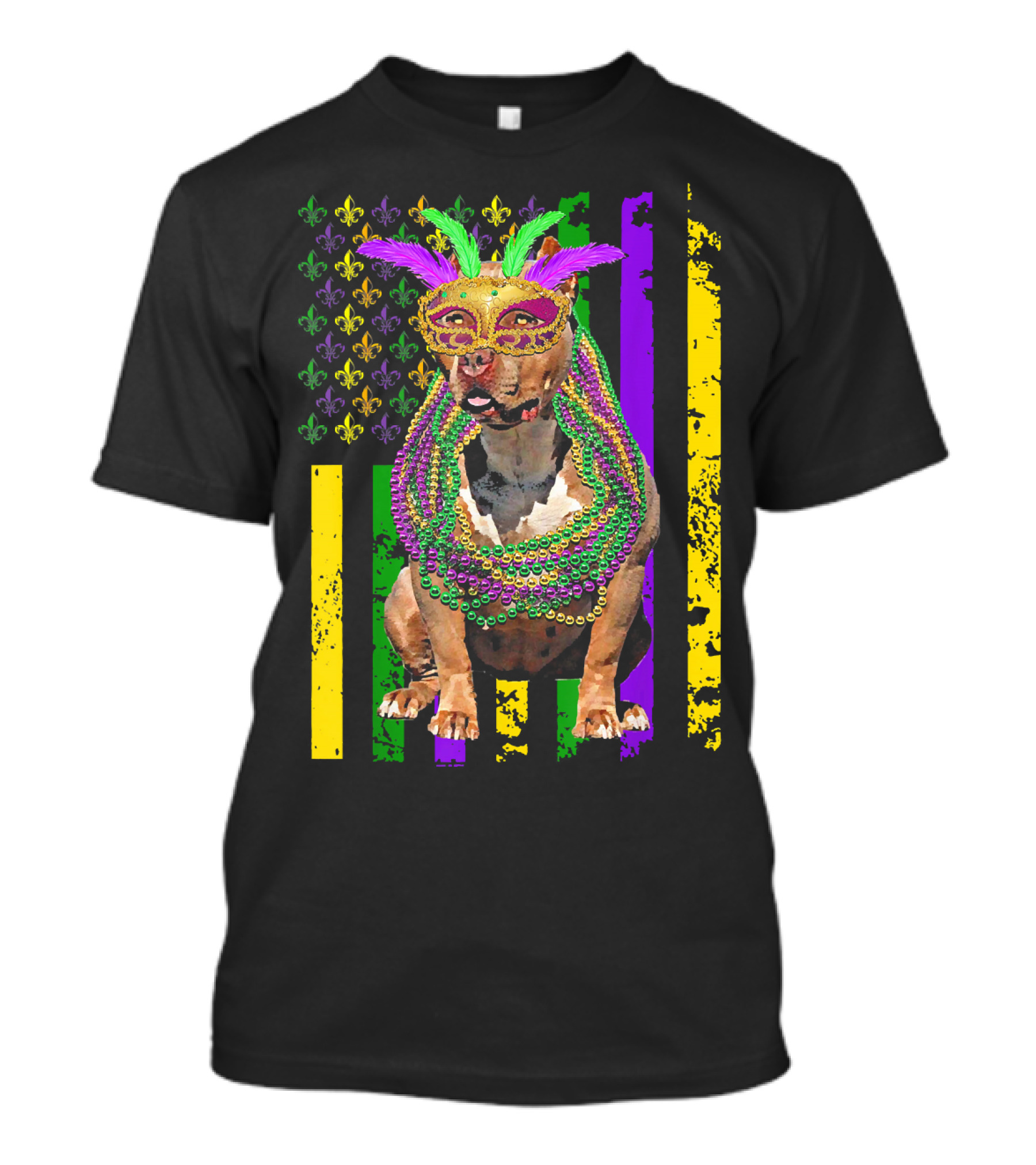 Pitbull Wearing Mardi Gras Beads And Mask With American Flag And Fleur De Lis T-Shirt