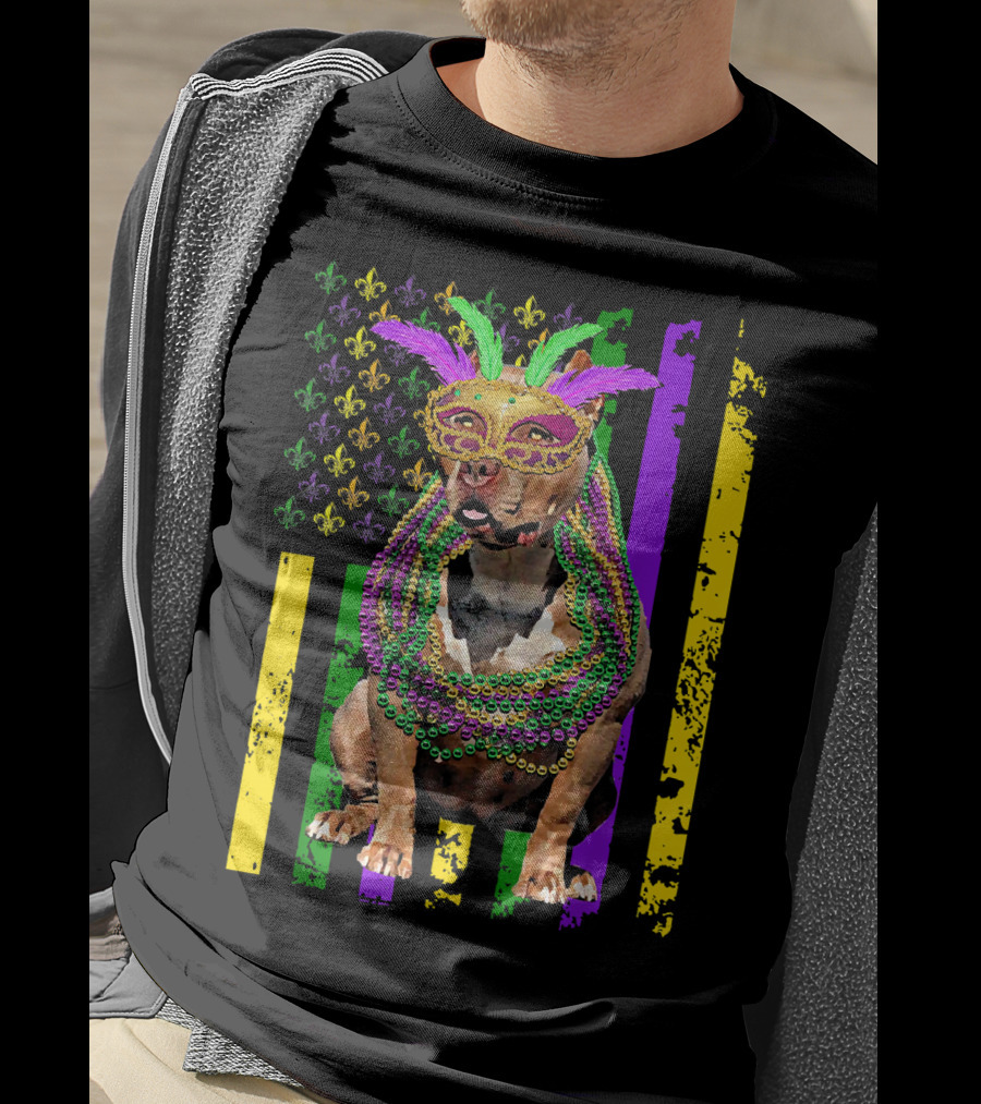 Pitbull Wearing Mardi Gras Beads And Mask With American Flag And Fleur De Lis T-Shirt