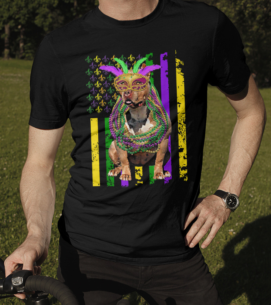 Pitbull Wearing Mardi Gras Beads And Mask With American Flag And Fleur De Lis T-Shirt