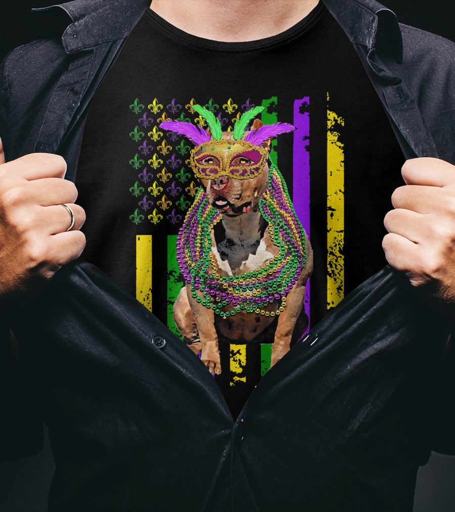 Pitbull Wearing Mardi Gras Beads And Mask With American Flag And Fleur De Lis T-Shirt