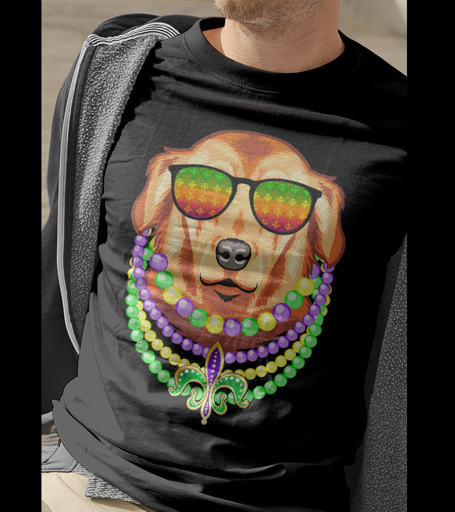 Beads And Golden Retriever Mardi Gras Fleur-de-Lis Colorful Glam Co T-Shirt
