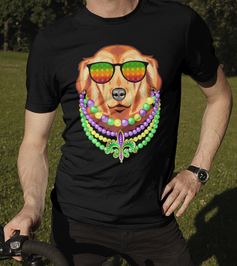 Beads And Golden Retriever Mardi Gras Fleur-de-Lis Colorful Glam Co T-Shirt