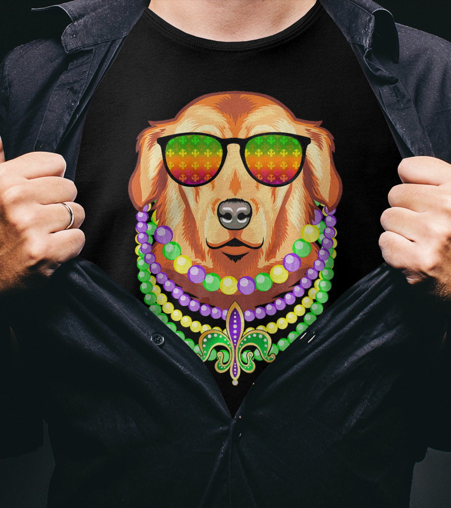 Beads And Golden Retriever Mardi Gras Fleur-de-Lis Colorful Glam Co T-Shirt