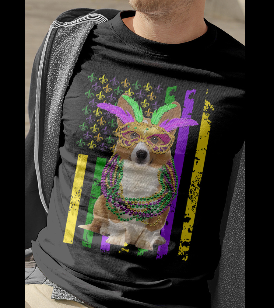 Corgi Mardi Gras American Flag With Beads And Mask T-Shirt