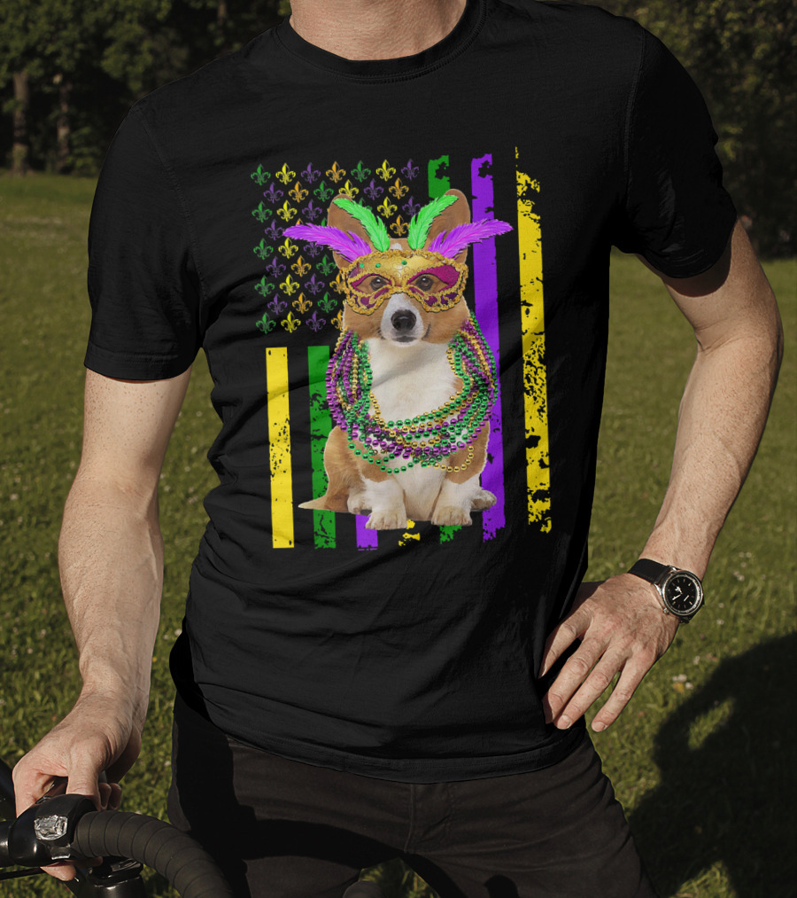Corgi Mardi Gras American Flag With Beads And Mask T-Shirt