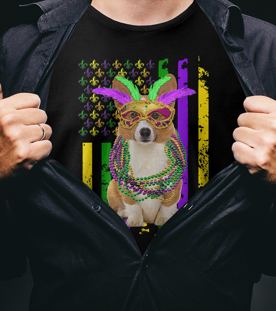 Corgi Mardi Gras American Flag With Beads And Mask T-Shirt