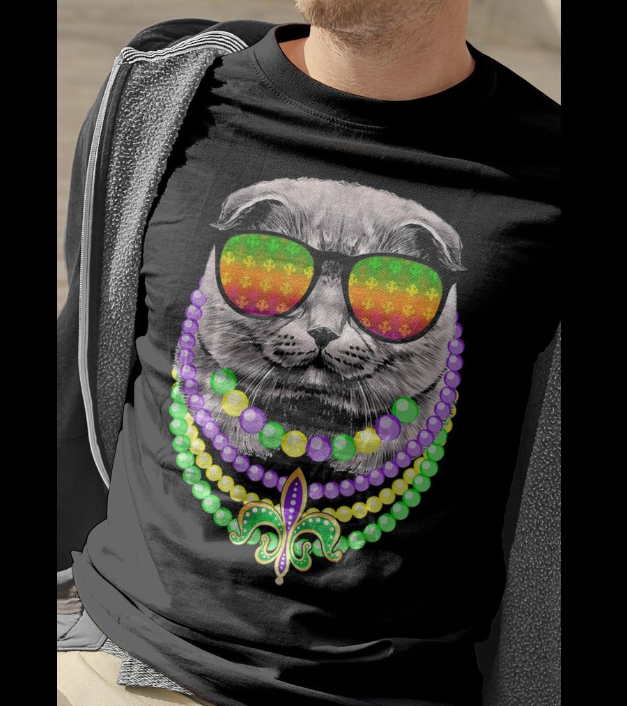 Mardi Gras Cat In Sunglasses With Beads And Fleur-de-Lis T-Shirt