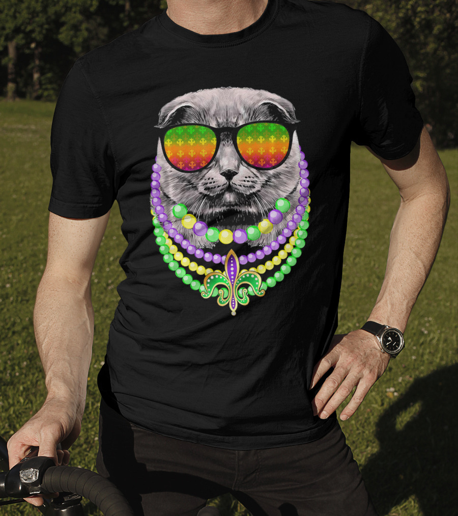 Mardi Gras Cat In Sunglasses With Beads And Fleur-de-Lis T-Shirt