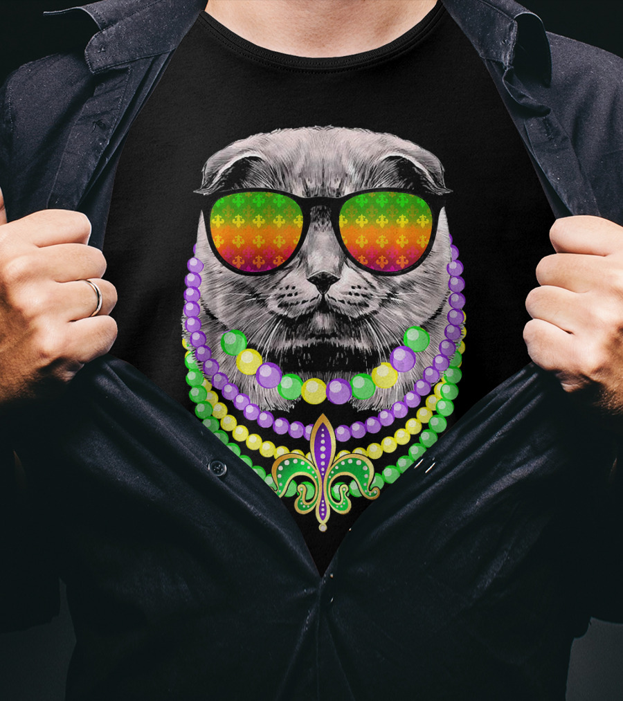 Mardi Gras Cat In Sunglasses With Beads And Fleur-de-Lis T-Shirt