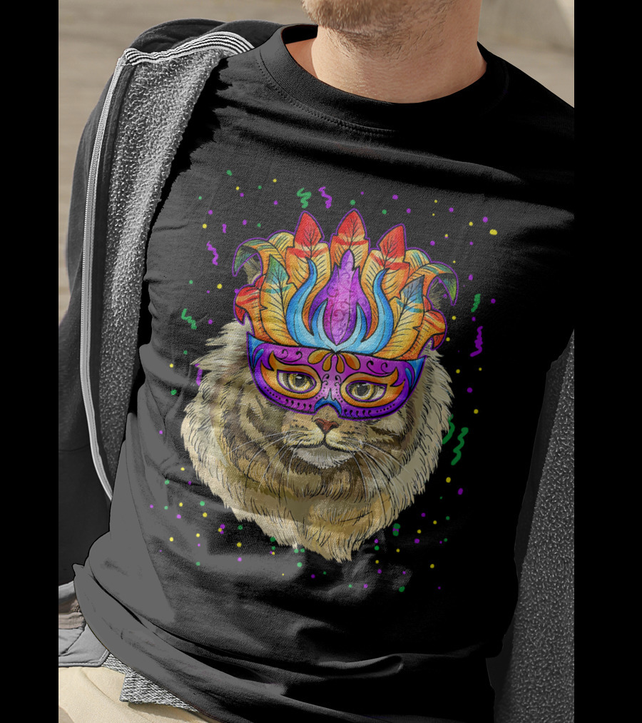 Mardi Gras Maine Coon Cat Colorful Mask Beads Festive T-Shirt