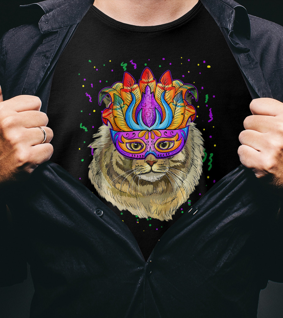 Mardi Gras Maine Coon Cat Colorful Mask Beads Festive T-Shirt