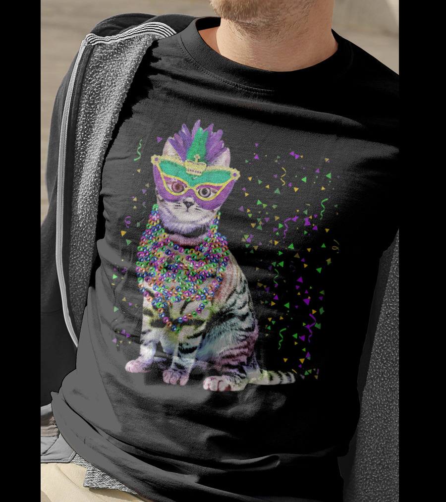 Cat Mardi Gras Beads Confetti Mask T-Shirt