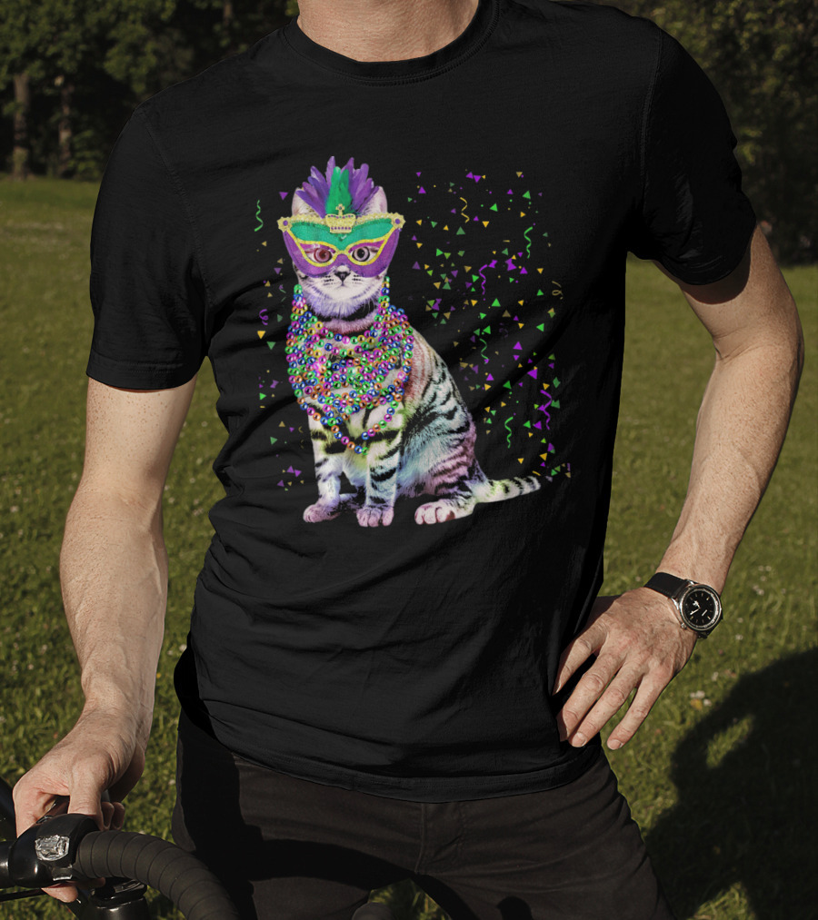Cat Mardi Gras Beads Confetti Mask T-Shirt