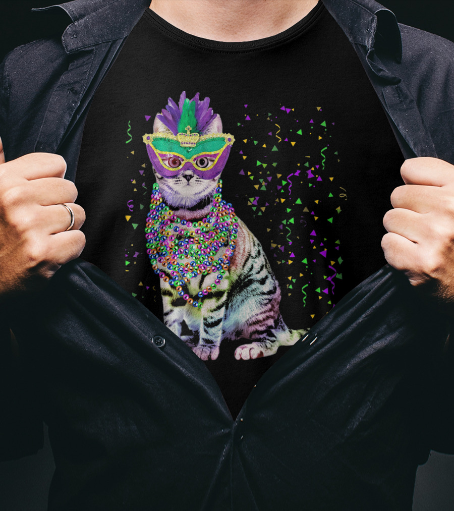 Cat Mardi Gras Beads Confetti Mask T-Shirt