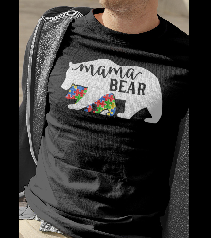 Mama Bear Autism Awareness Month Puzzle Silhouette Fam T-Shirt