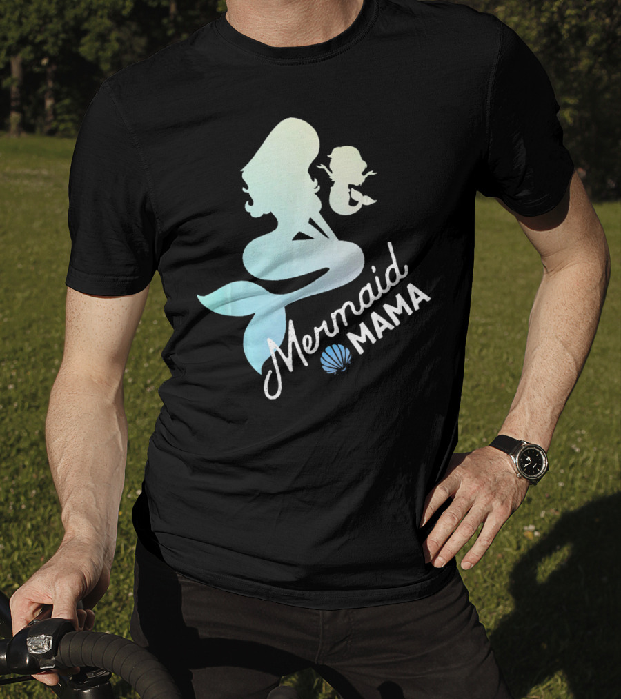 Mermaid Mama Sea Lover With Baby Silhouette And Shell T-Shirt