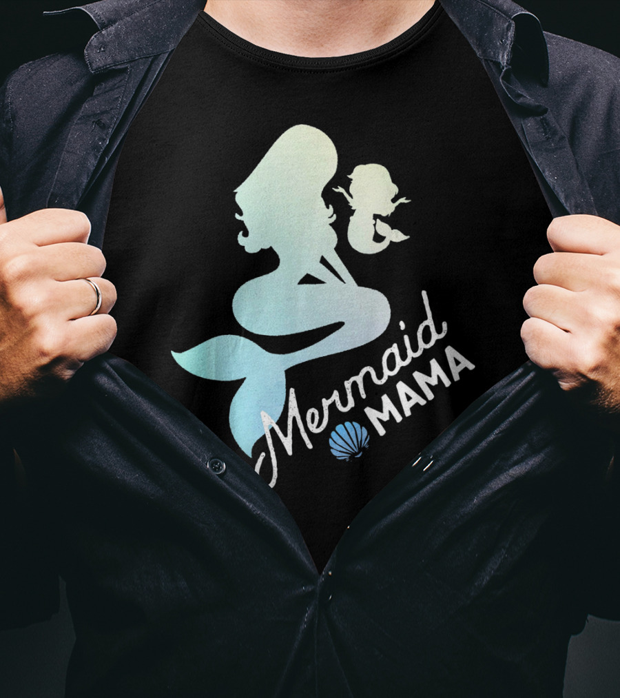 Mermaid Mama Sea Lover With Baby Silhouette And Shell T-Shirt
