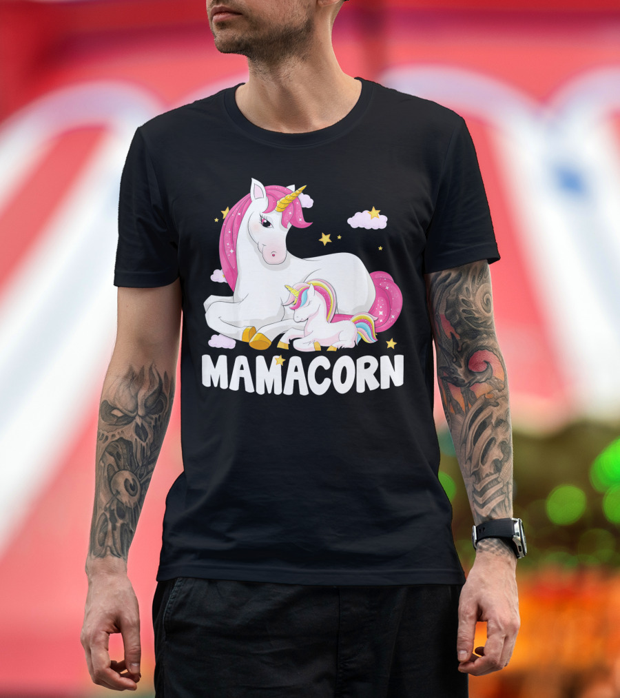 Mamacorn Unicorn New Mom Baby Momm With Stars And Clouds T-Shirt