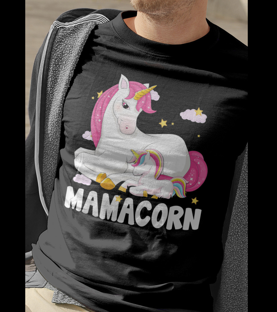 Mamacorn Unicorn New Mom Baby Momm With Stars And Clouds T-Shirt