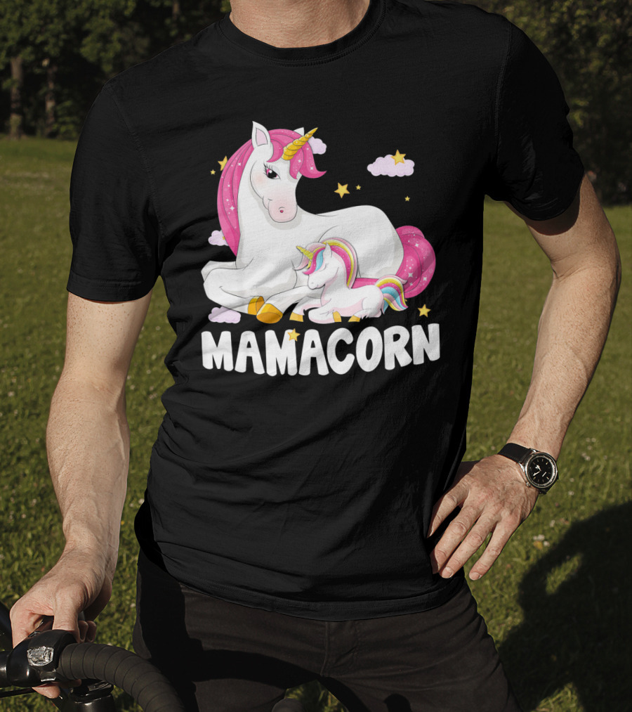 Mamacorn Unicorn New Mom Baby Momm With Stars And Clouds T-Shirt