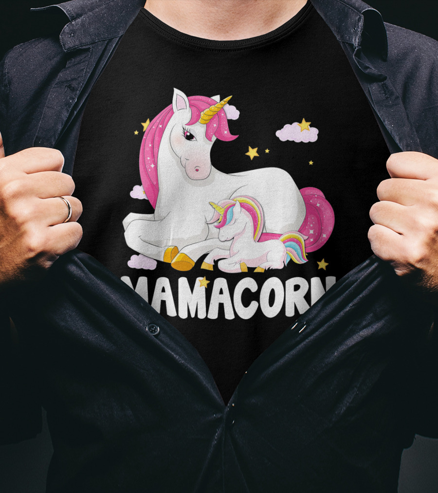 Mamacorn Unicorn New Mom Baby Momm With Stars And Clouds T-Shirt