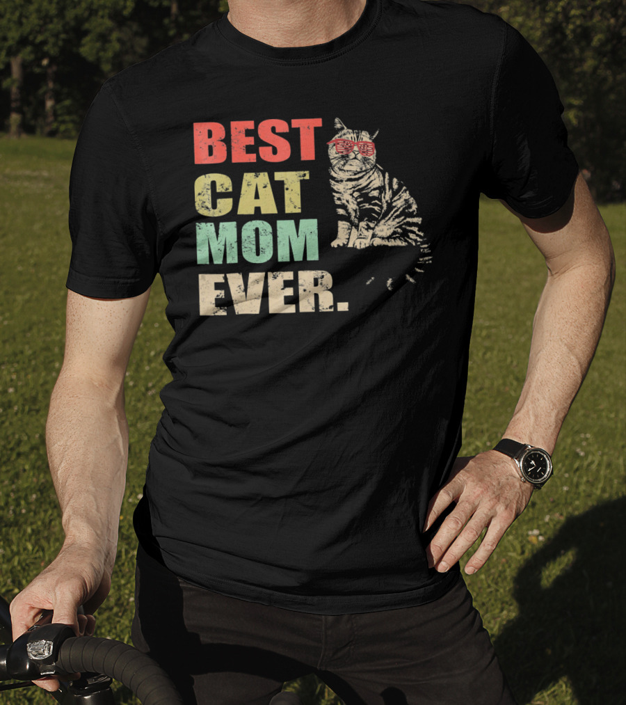 Best Cat Mom Ever Retro Cool Cat Design Matching Family T-Shirt