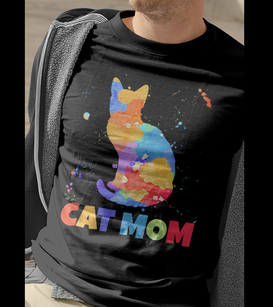 CAT MOM Colorful Watercolor Silhouette With Splash T-Shirt