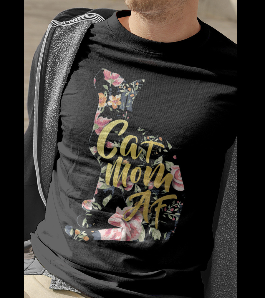 Cat Mom AF Floral Pattern Cat Shape T-Shirt