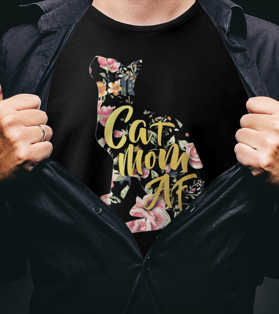 Cat Mom AF Floral Pattern Cat Shape T-Shirt