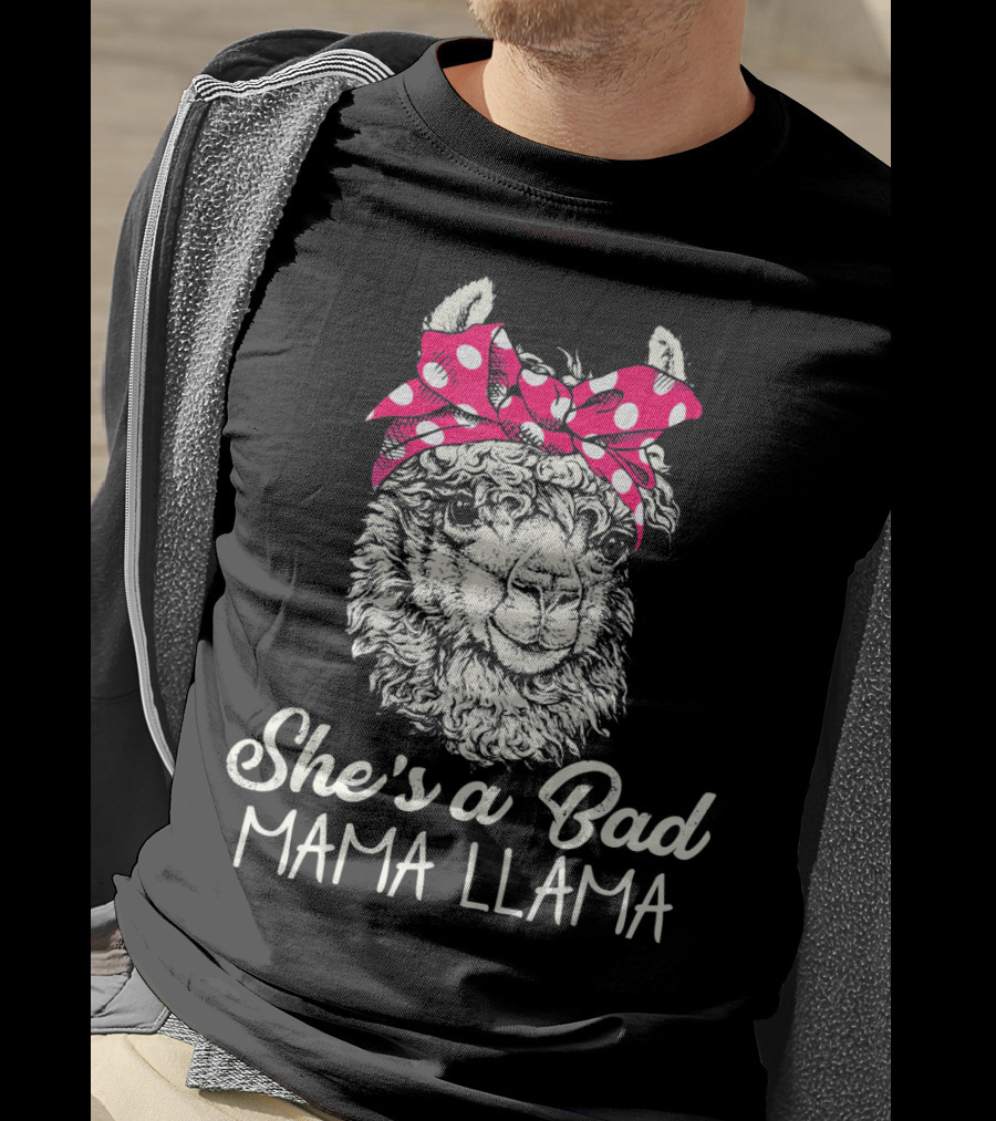 She's A Bad Mama Llama Retro Illustration With Red Polka Dot Headband T-Shirt