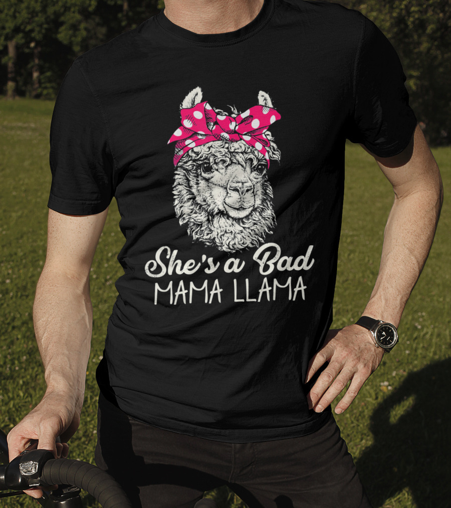 She's A Bad Mama Llama Retro Illustration With Red Polka Dot Headband T-Shirt
