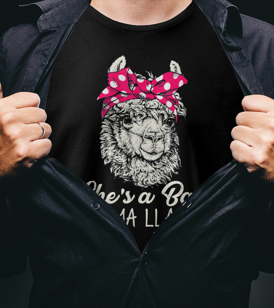 She's A Bad Mama Llama Retro Illustration With Red Polka Dot Headband T-Shirt