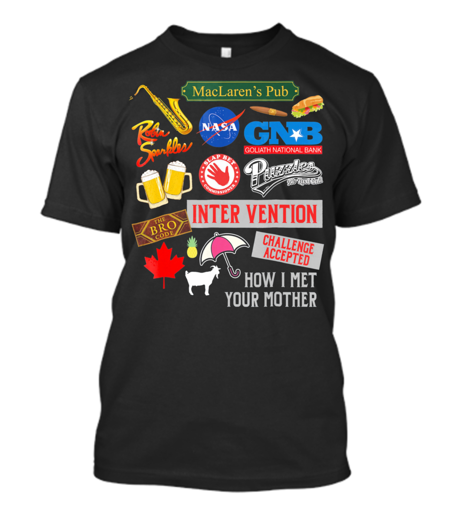 MacLaren's Pub Robin Sparkles Goliath National Bank Puzzles Intervention The Bro Code Challenge Accepted How I Met Your Mother T-Shirt