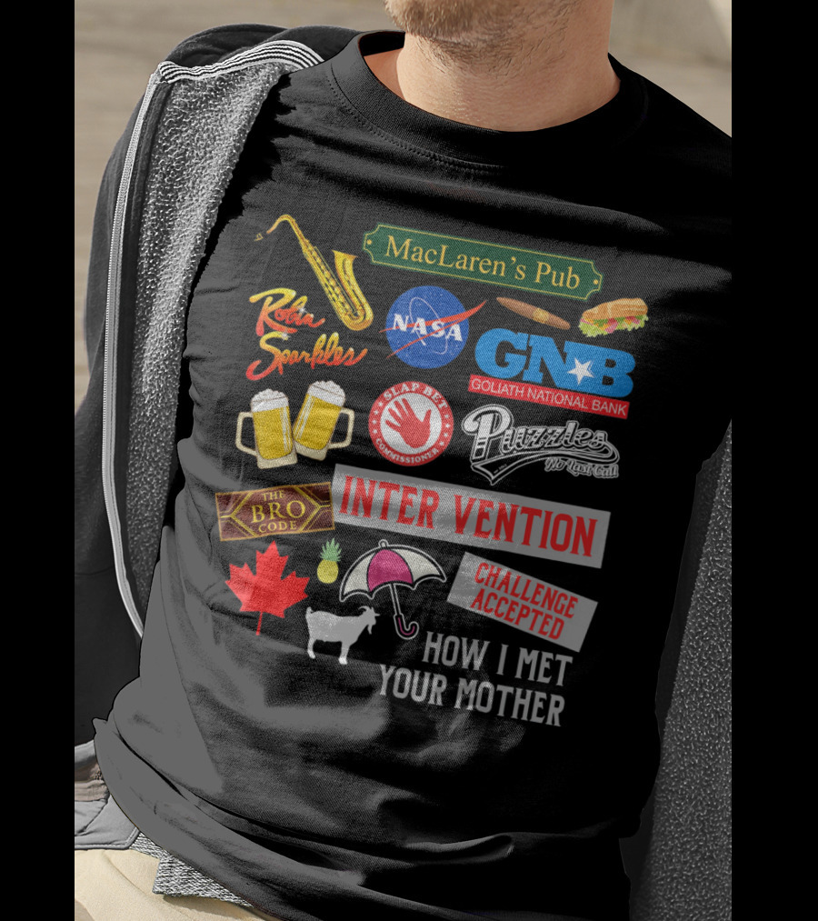 MacLaren's Pub Robin Sparkles Goliath National Bank Puzzles Intervention The Bro Code Challenge Accepted How I Met Your Mother T-Shirt